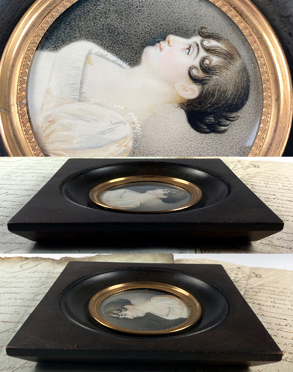 Antique French Empire Portrait Miniature in Silhouette, Beautiful Young Woman c.1810