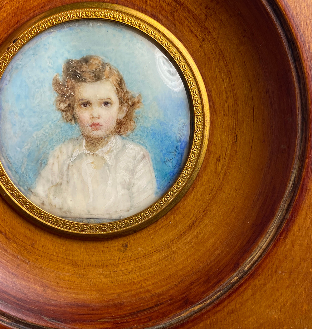 Antique French Portrait Miniature of a Little Girl, Boy, Blond Child, Signed by Artist, Impressionist Manner