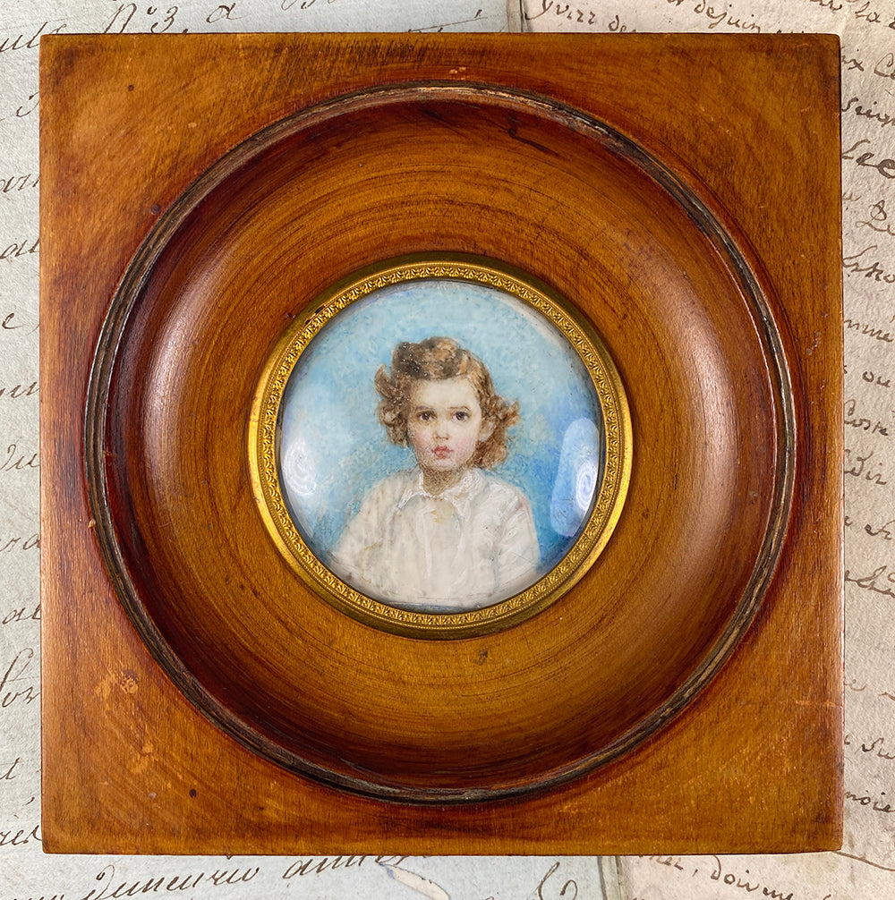 Antique French Portrait Miniature of a Little Girl, Boy, Blond Child, Signed by Artist, Impressionist Manner