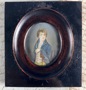 Antique French Portrait Miniature 18th Century Gentleman in 3/4 Pose, Ebony Frame