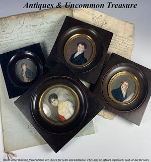 Antique French Portrait Miniature 18th Century Gentleman in 3/4 Pose, Ebony Frame