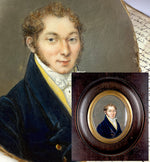 Fine ID'd Antique French Portrait Miniature, Gentleman in Yellow Vest, Died in 1826