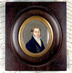 Fine ID'd Antique French Portrait Miniature, Gentleman in Yellow Vest, Died in 1826