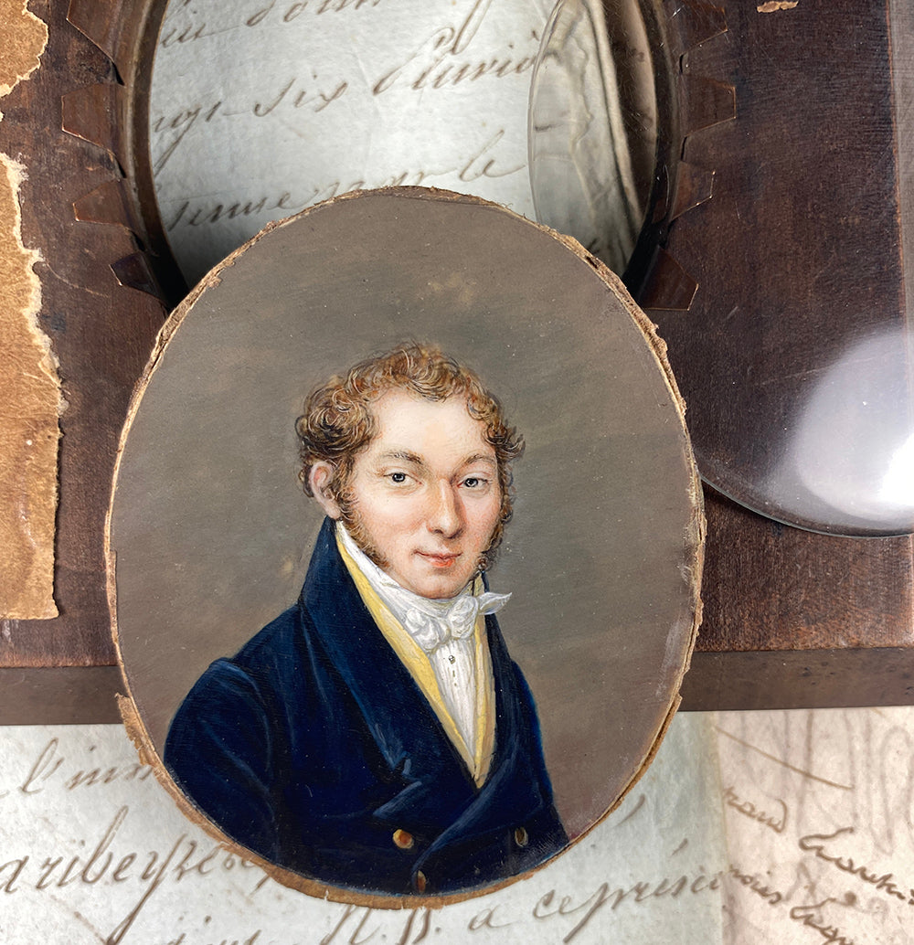 Fine ID'd Antique French Portrait Miniature, Gentleman in Yellow Vest, Died in 1826