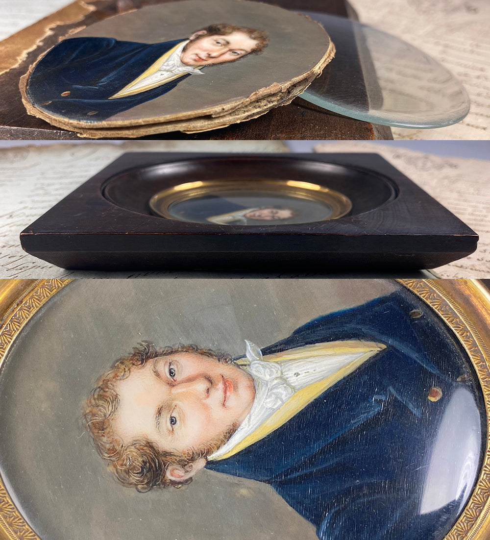 Fine ID'd Antique French Portrait Miniature, Gentleman in Yellow Vest, Died in 1826