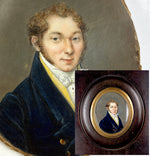 Fine ID'd Antique French Portrait Miniature, Gentleman in Yellow Vest, Died in 1826