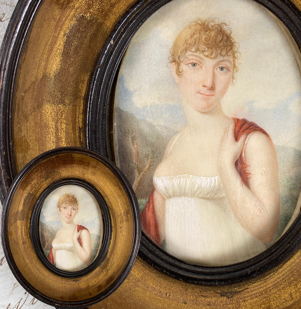 Superb Antique French Empire Portrait Miniature of a Blond Woman, Landscape Painting