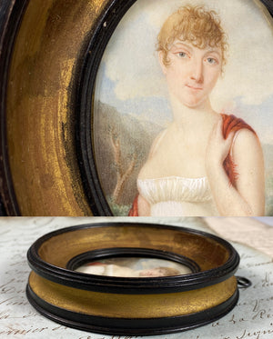 Superb Antique French Empire Portrait Miniature of a Blond Woman, Landscape Painting