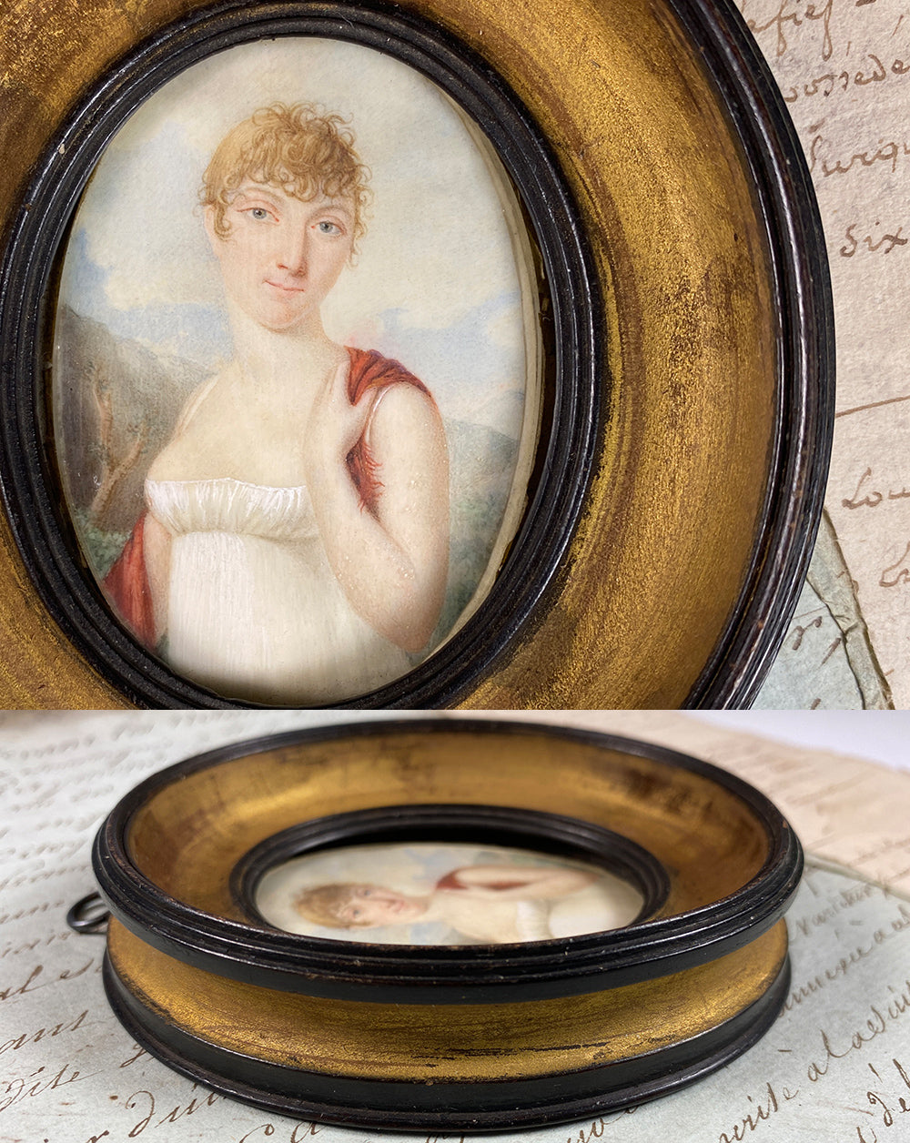 Superb Antique French Empire Portrait Miniature of a Blond Woman, Landscape Painting