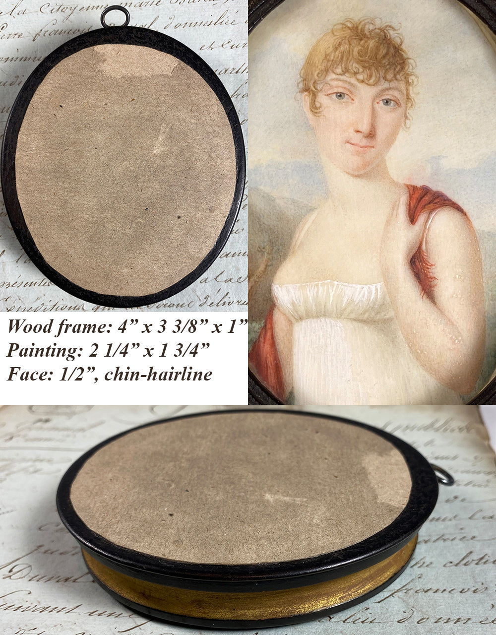 Superb Antique French Empire Portrait Miniature of a Blond Woman, Landscape Painting