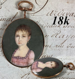 Antique French Empire 18k Gold Locket Frame Portrait Miniature, Young Girl, 18th c. Child