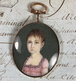 Antique French Empire 18k Gold Locket Frame Portrait Miniature, Young Girl, 18th c. Child