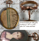 Antique French Empire 18k Gold Locket Frame Portrait Miniature, Young Girl, 18th c. Child