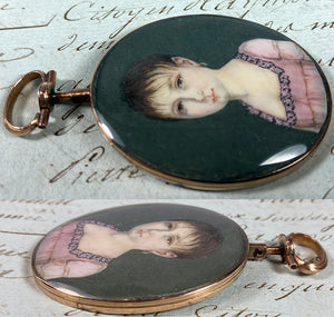 Antique French Empire 18k Gold Locket Frame Portrait Miniature, Young Girl, 18th c. Child