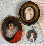 Antique French Empire 18k Gold Locket Frame Portrait Miniature, Young Girl, 18th c. Child