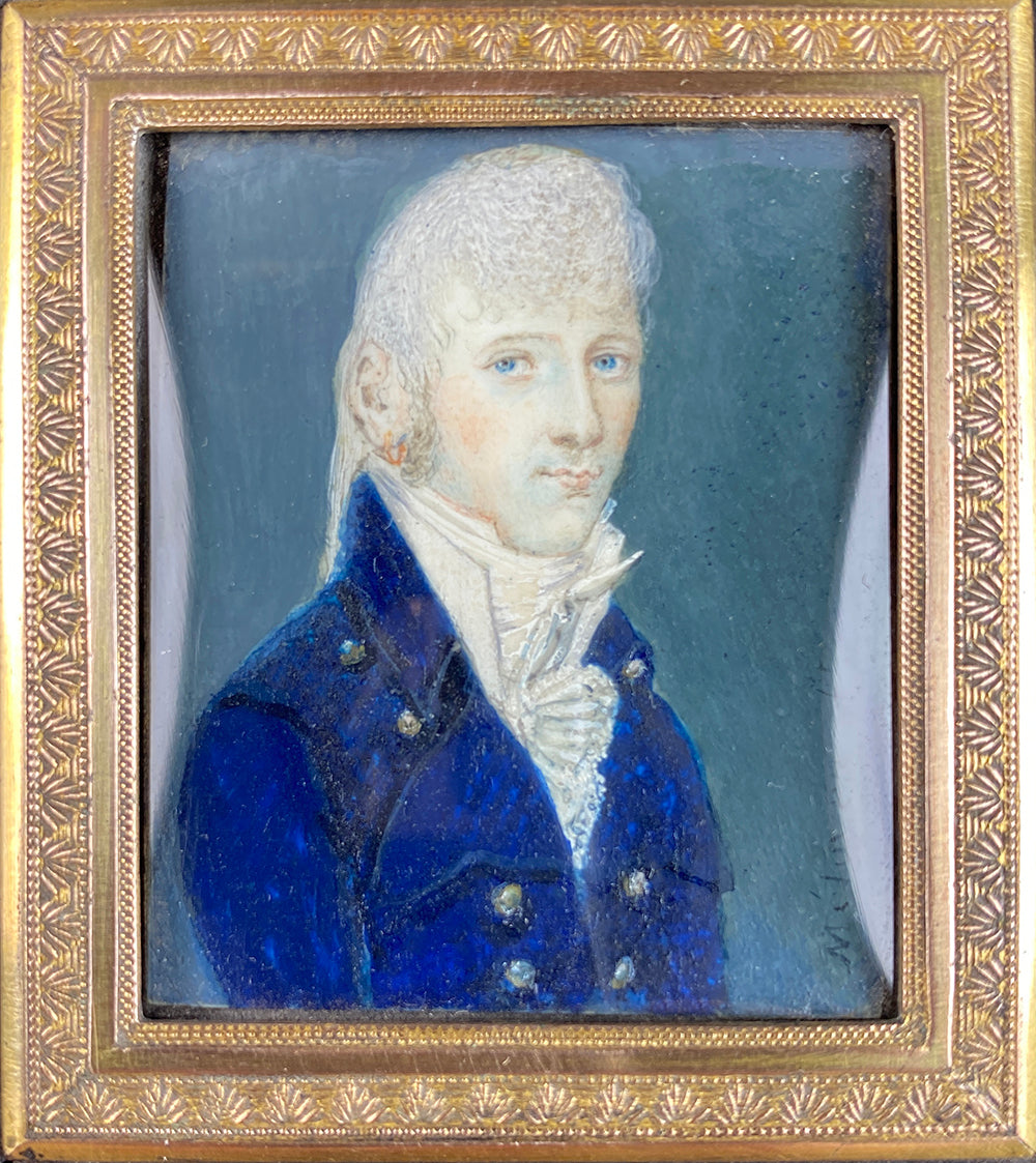 Antique French Revolution Youth or c.1795 Incroyables Portrait Miniature, Long Braid