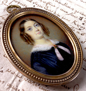 Superb Antique French c.1830s Portrait Miniature, Beautiful Young Woman w Jewelry