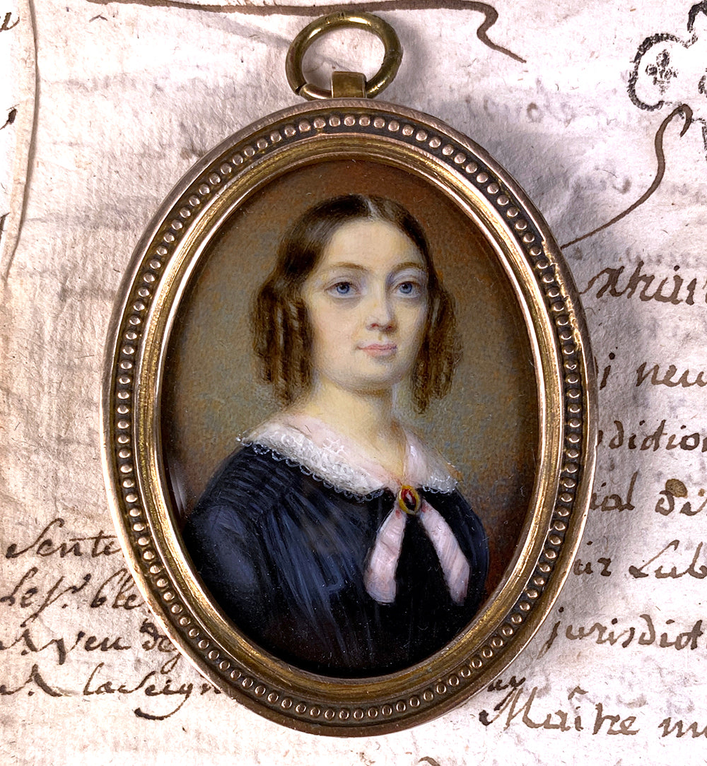 Superb Antique French c.1830s Portrait Miniature, Beautiful Young Woman w Jewelry