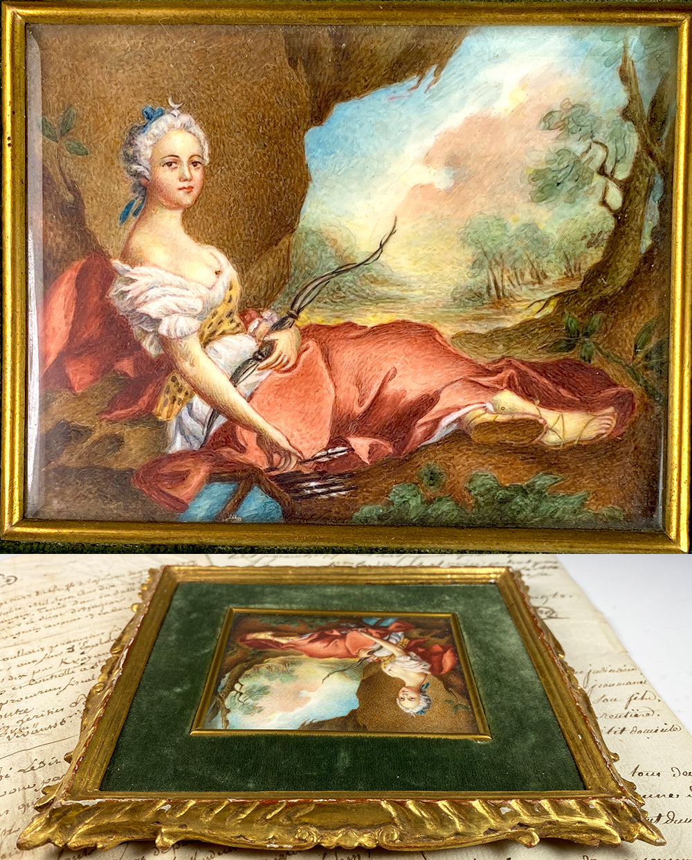 Fine 19th c. Antique Portrait Miniature ápres Nattier's "Maria Adelaide as Diana" the Huntress