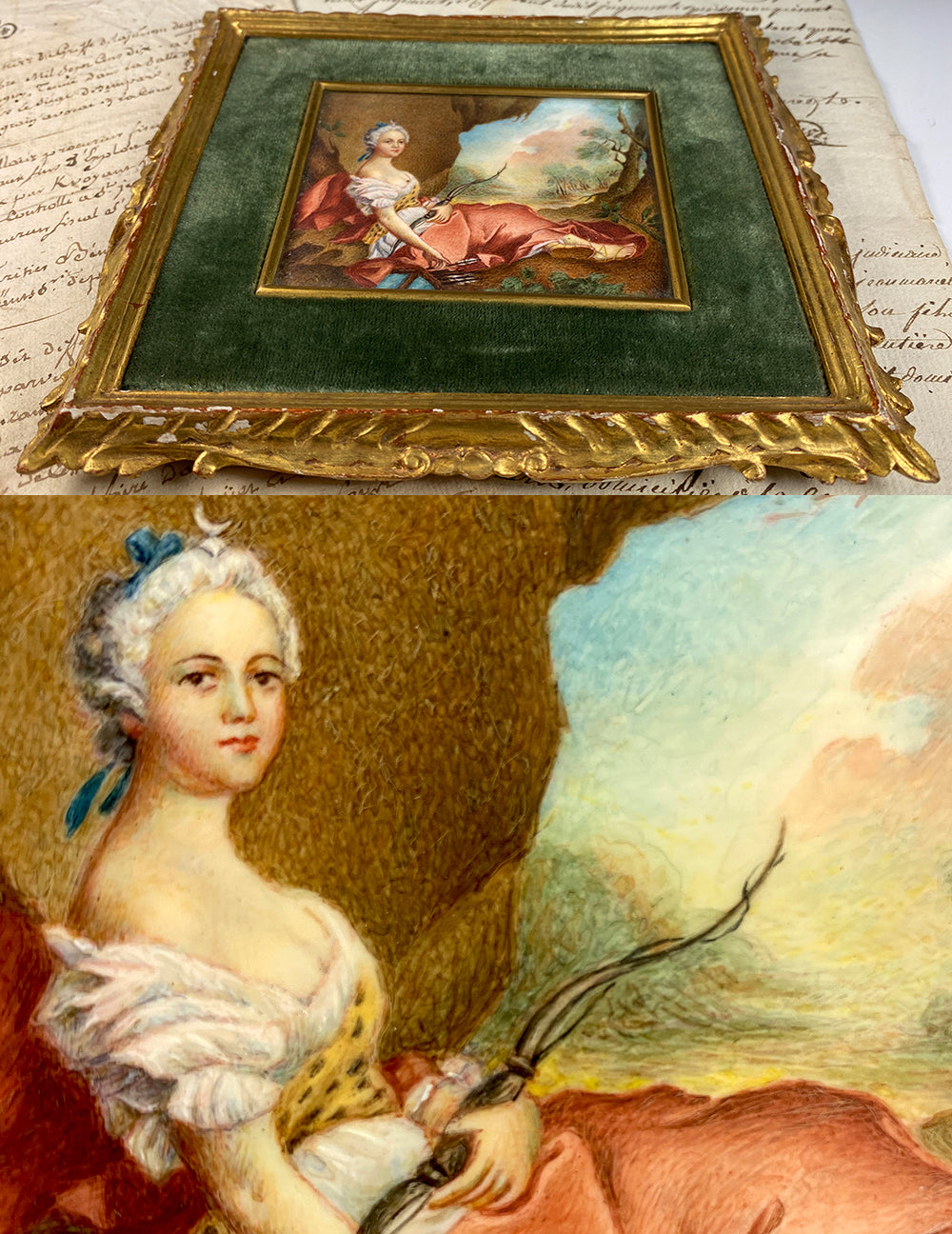 Fine 19th c. Antique Portrait Miniature ápres Nattier's "Maria Adelaide as Diana" the Huntress