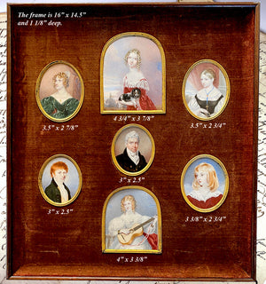 Rare 18th Century English Family (7) HP Portrait Miniatures in Antique Shadow Box Frame