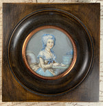 Antique Souvenir Portrait Miniature, c.1784 18th Century Woman at Desk, Powdered Hair