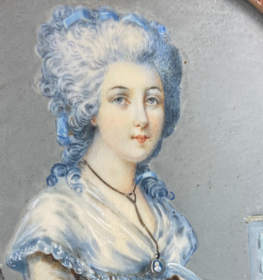 Antique Souvenir Portrait Miniature, c.1784 18th Century Woman at Desk, Powdered Hair