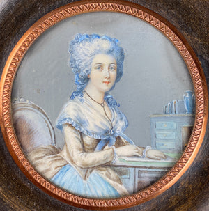 Antique Souvenir Portrait Miniature, c.1784 18th Century Woman at Desk, Powdered Hair