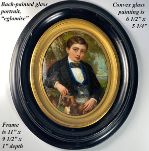 19th Century French Portrait Miniature, Boy Child with Dog, Back-Painted Glass "Eglomise" Fine Frame