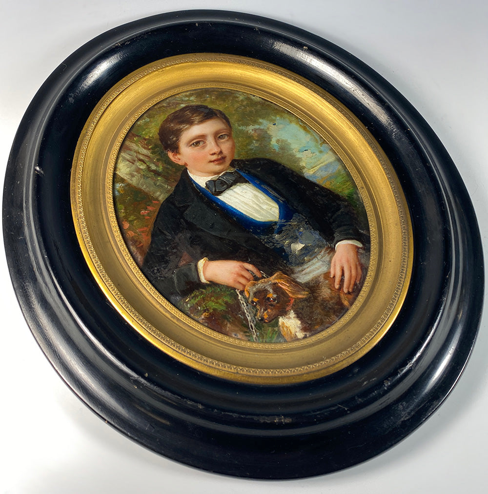 19th Century French Portrait Miniature, Boy Child with Dog, Back-Painted Glass "Eglomise" Fine Frame
