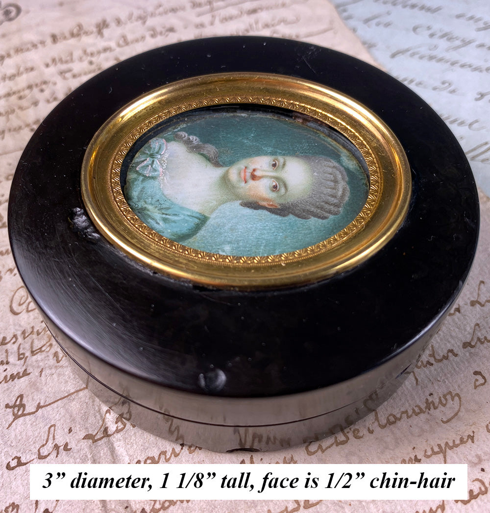 Antique French 18th Century Portrait Miniature Snuff Box of Horn, Beauty in Gray Wig