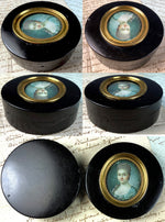 Antique French 18th Century Portrait Miniature Snuff Box of Horn, Beauty in Gray Wig