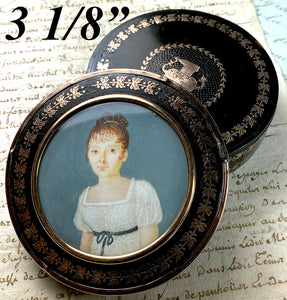 Fine Antique Napoleon Era c.1810 French Empire Portrait Miniature Snuff Box, Gold Pique Inlays