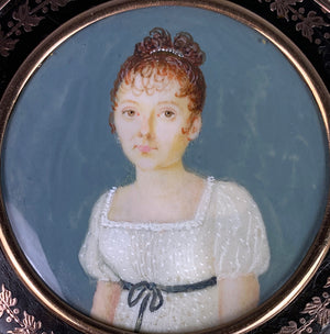 Fine Antique Napoleon Era c.1810 French Empire Portrait Miniature Snuff Box, Gold Pique Inlays