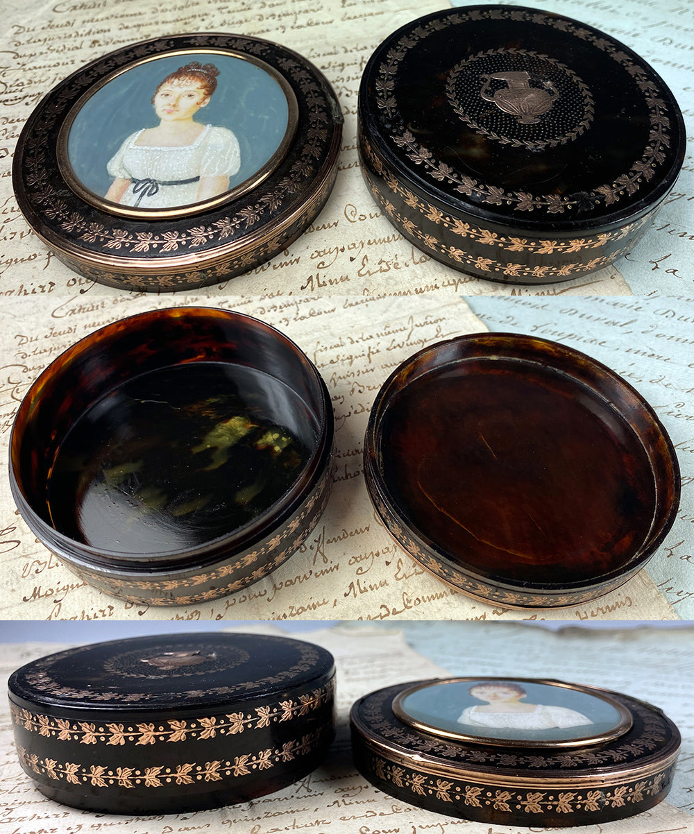 Fine Antique Napoleon Era c.1810 French Empire Portrait Miniature Snuff Box, Gold Pique Inlays