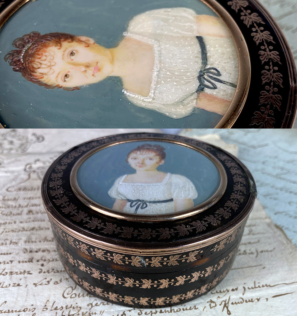 Fine Antique Napoleon Era c.1810 French Empire Portrait Miniature Snuff Box, Gold Pique Inlays