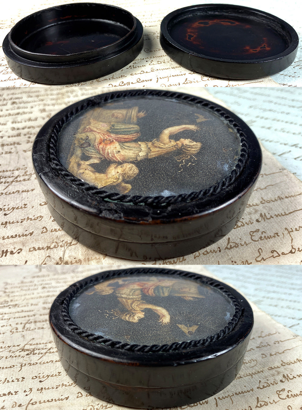 Antique 18th Century Portrait Miniature Snuff Box, Cupid and Maiden, Masonic Iconography