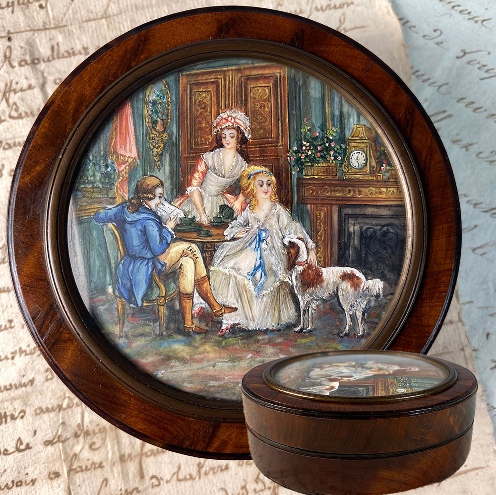 Antique Napoleon III Portrait Miniature Painting on Snuff Box, Interior w Dog, 3 People