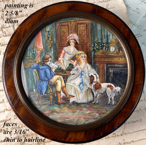 Antique Napoleon III Portrait Miniature Painting on Snuff Box, Interior w Dog, 3 People