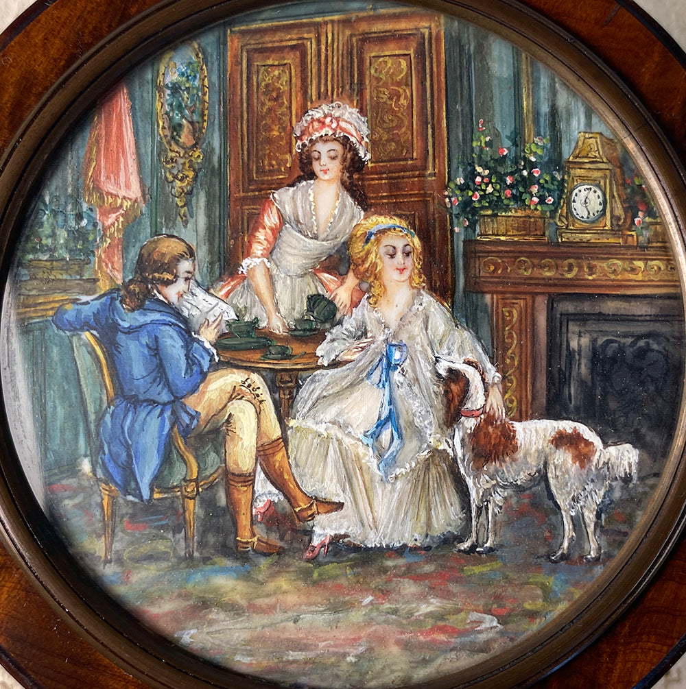 Antique Napoleon III Portrait Miniature Painting on Snuff Box, Interior w Dog, 3 People