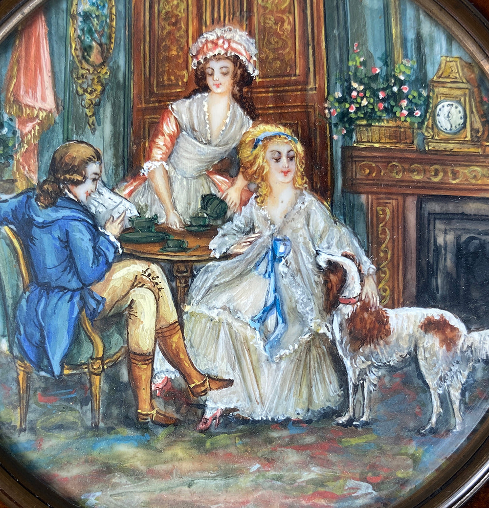 Antique Napoleon III Portrait Miniature Painting on Snuff Box, Interior w Dog, 3 People