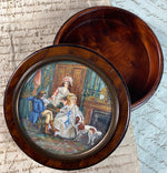 Antique Napoleon III Portrait Miniature Painting on Snuff Box, Interior w Dog, 3 People