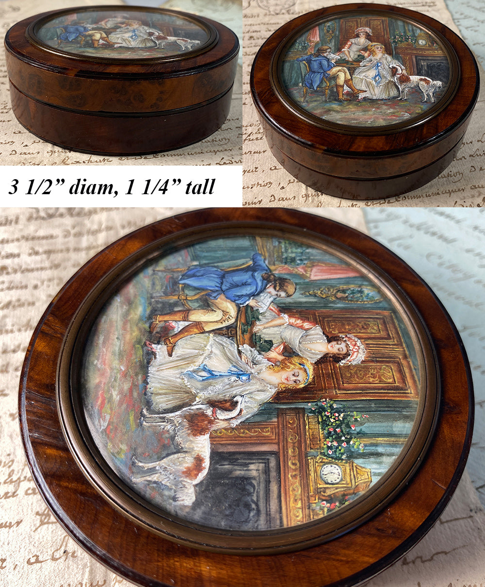 Antique Napoleon III Portrait Miniature Painting on Snuff Box, Interior w Dog, 3 People