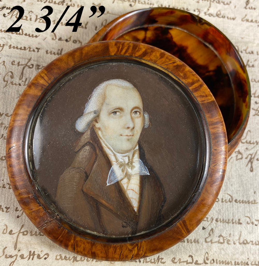 Antique French 18th Century Portrait Miniature Snuff Box, Gentleman in Burl Wood