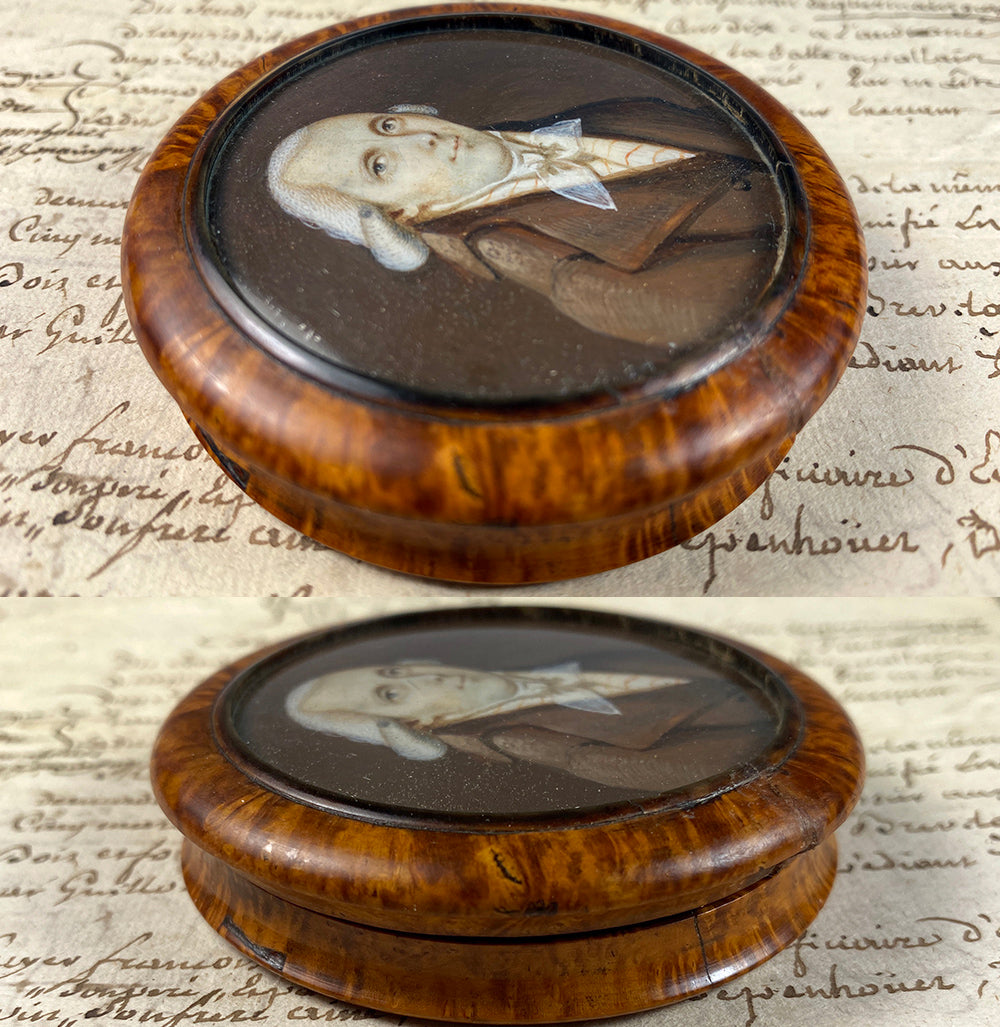 Antique French 18th Century Portrait Miniature Snuff Box, Gentleman in Burl Wood