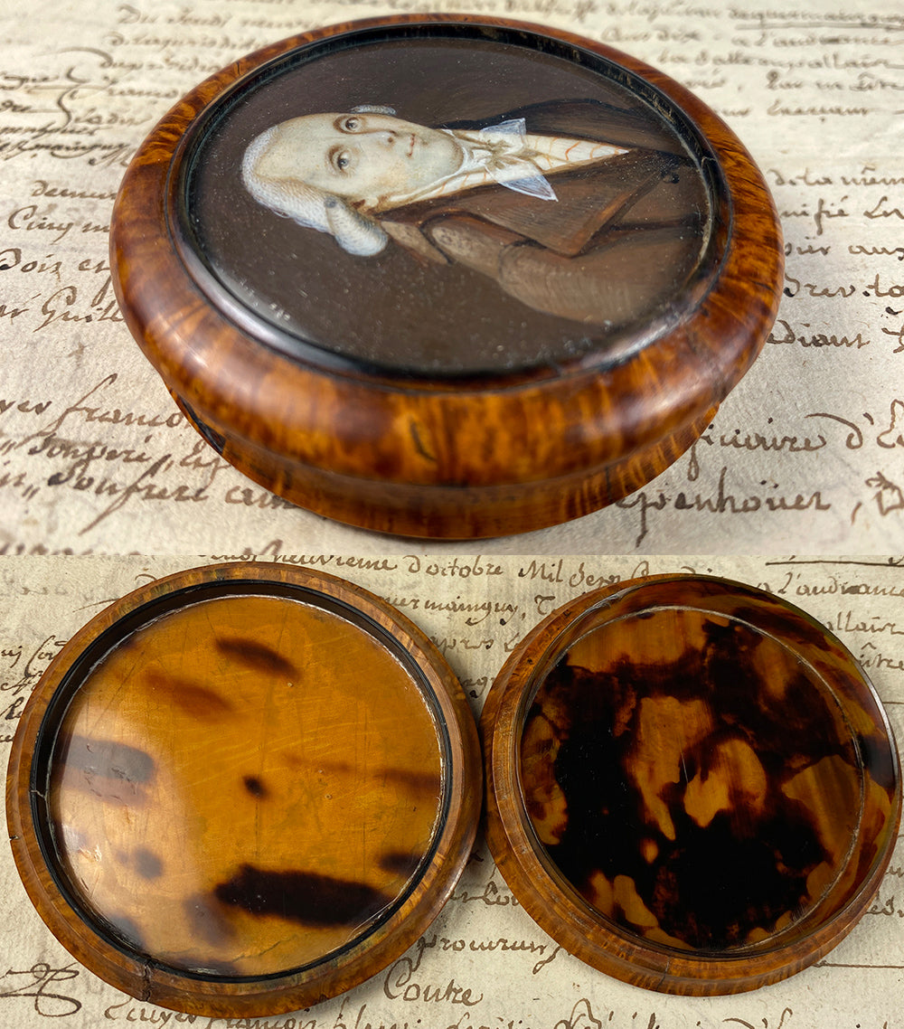 Antique French 18th Century Portrait Miniature Snuff Box, Gentleman in Burl Wood