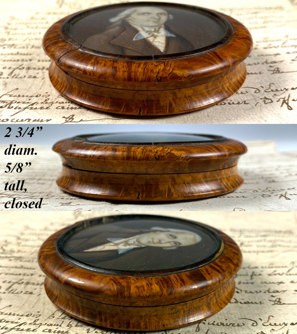 Antique French 18th Century Portrait Miniature Snuff Box, Gentleman in Burl Wood