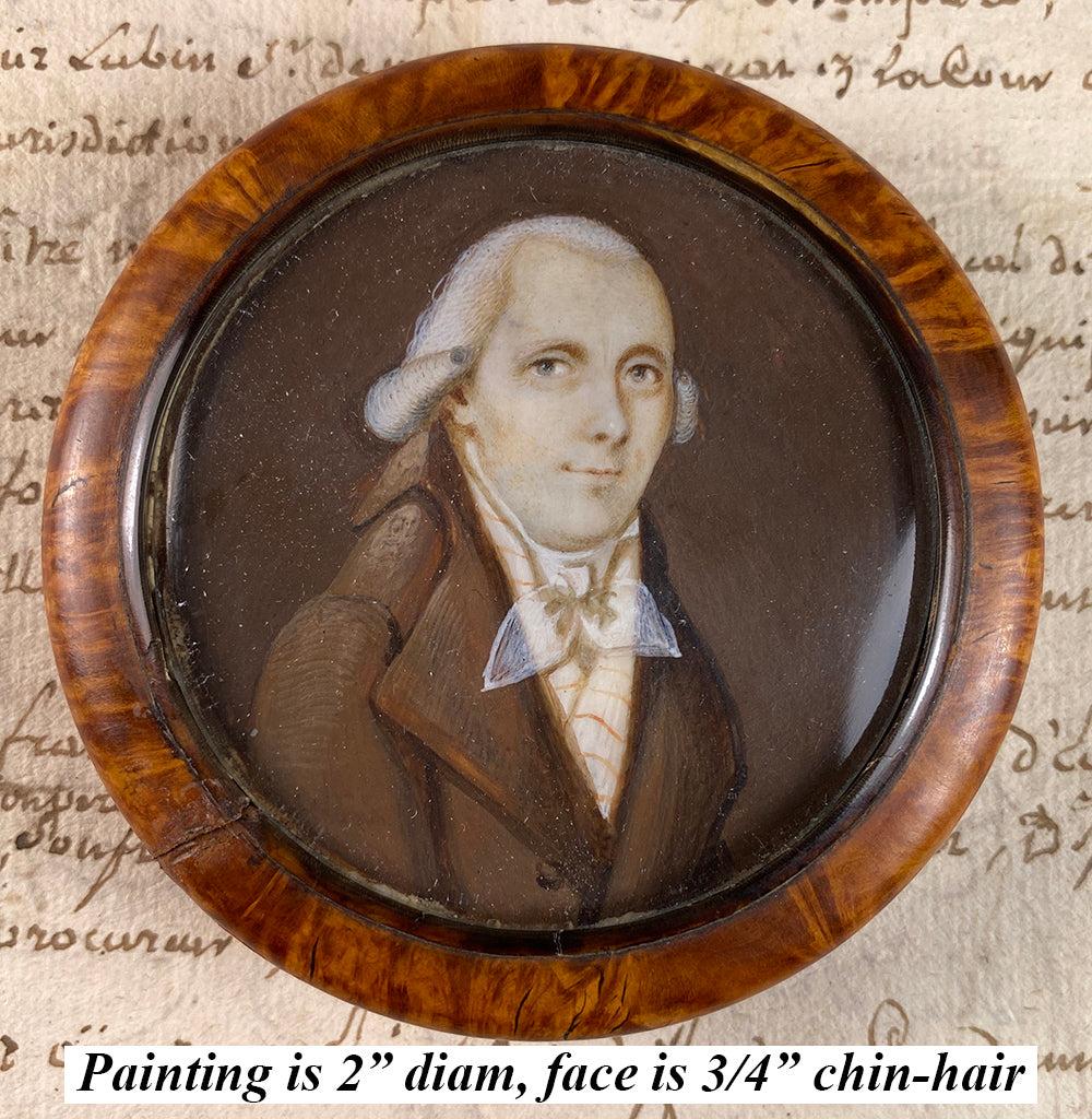 Antique French 18th Century Portrait Miniature Snuff Box, Gentleman in Burl Wood