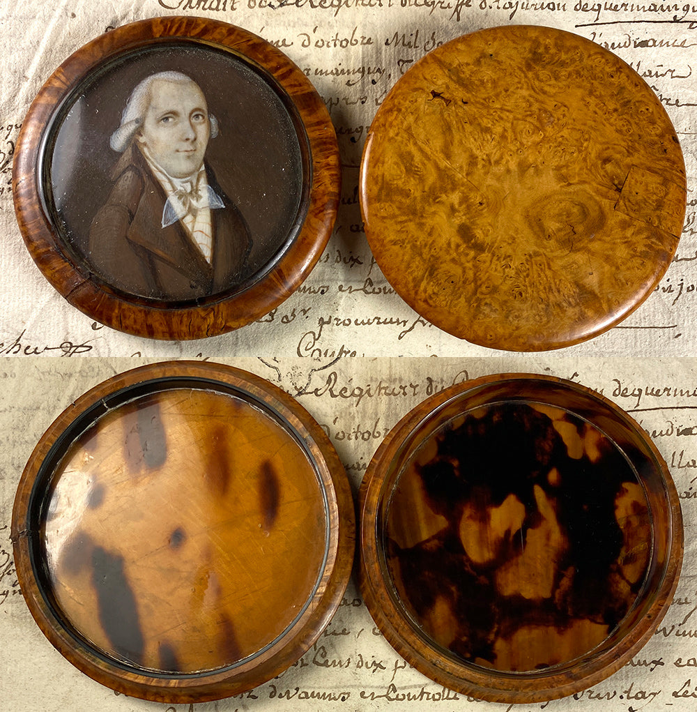 Antique French 18th Century Portrait Miniature Snuff Box, Gentleman in Burl Wood