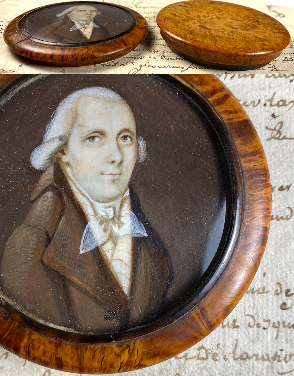 Antique French 18th Century Portrait Miniature Snuff Box, Gentleman in Burl Wood